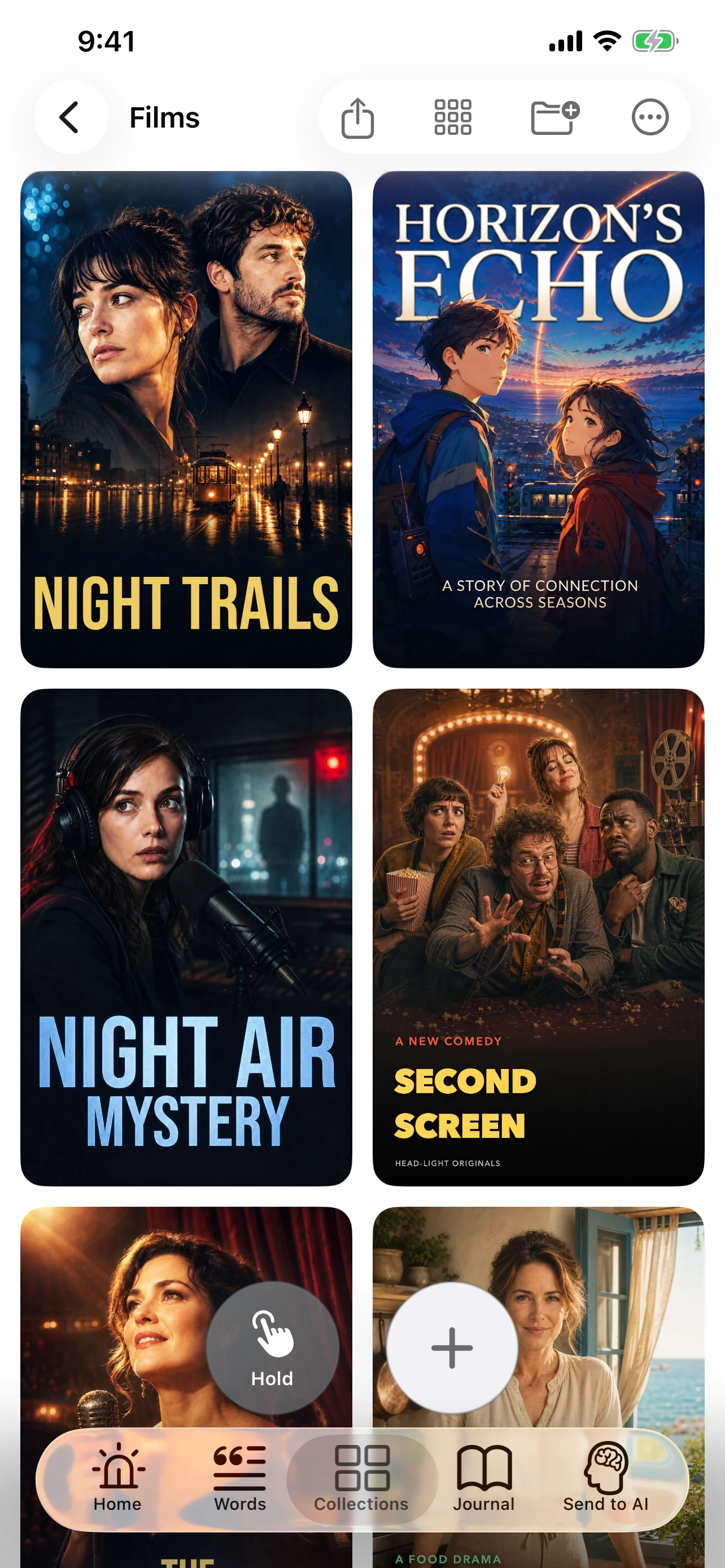映画とドラマのリンクが、縦長のポスターカードとして並ぶコレクション画面