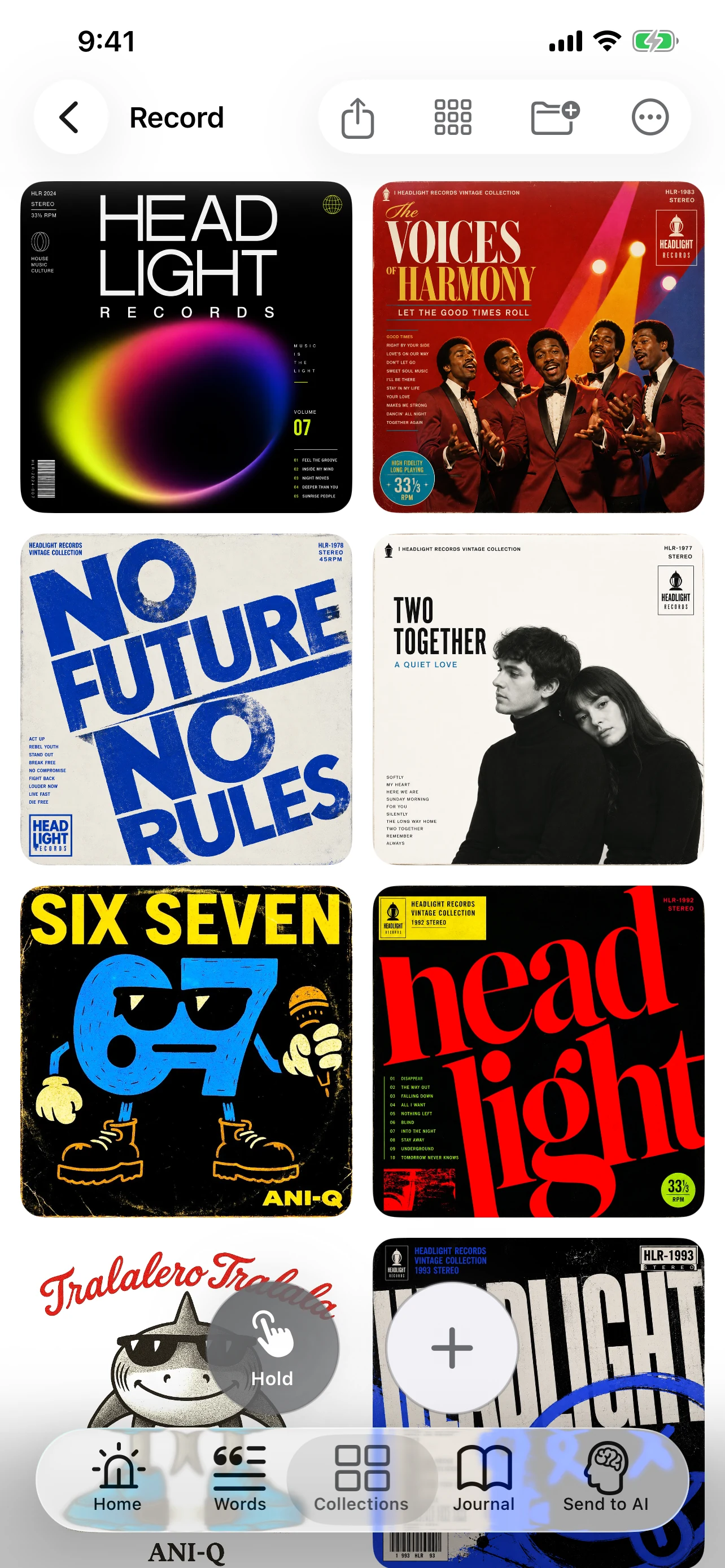 音楽のリンクが、正方形のレコードジャケットとして並ぶコレクション画面