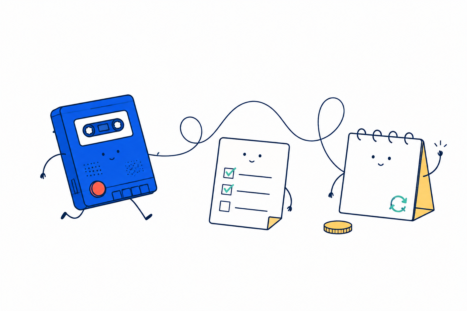 録音のカセット、毎日のチェック、定期支払いのカレンダーを並べたイラスト。