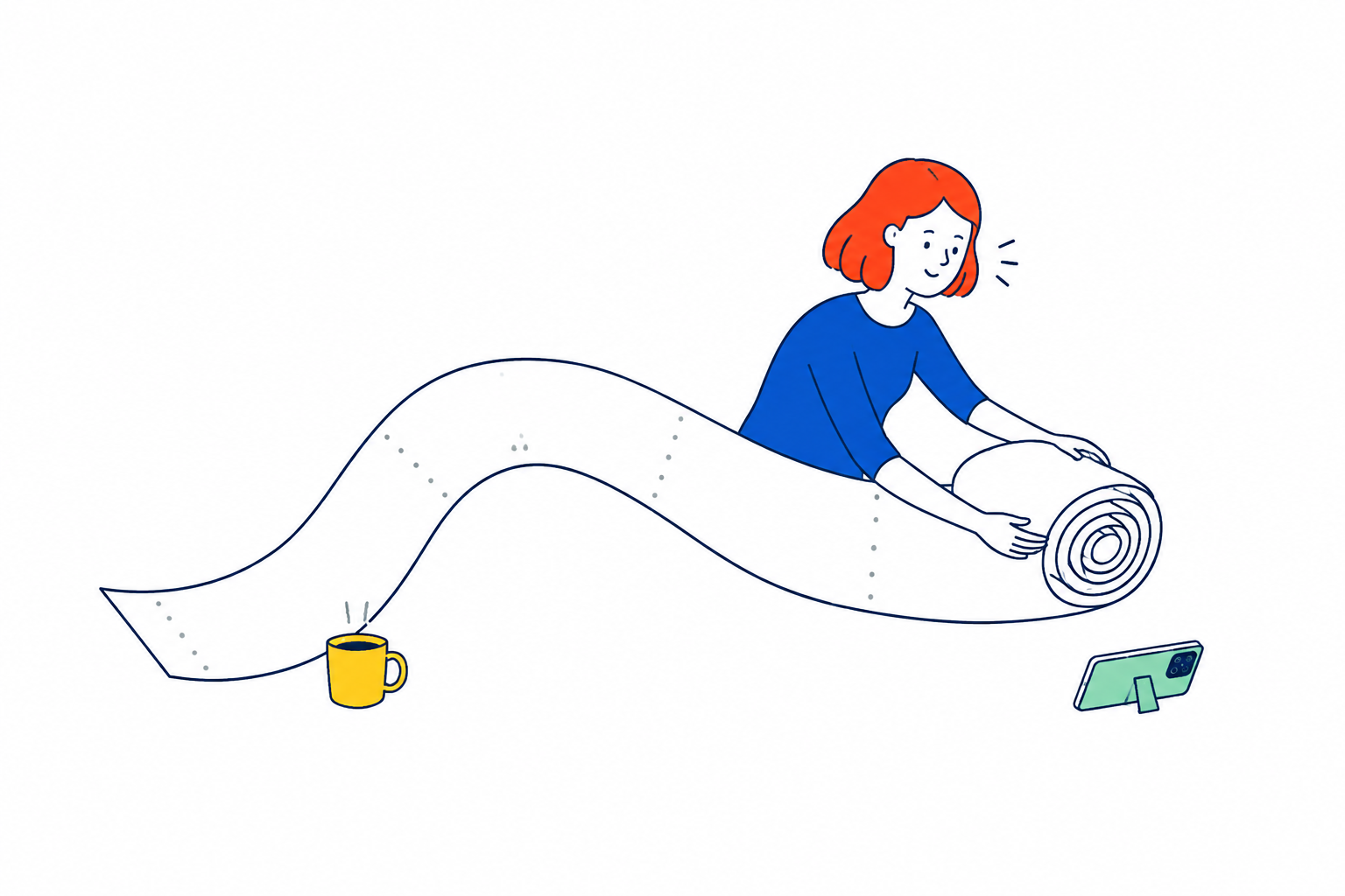 長くくるくるしたレシートを、小さく整った記録へまとめるイラスト。