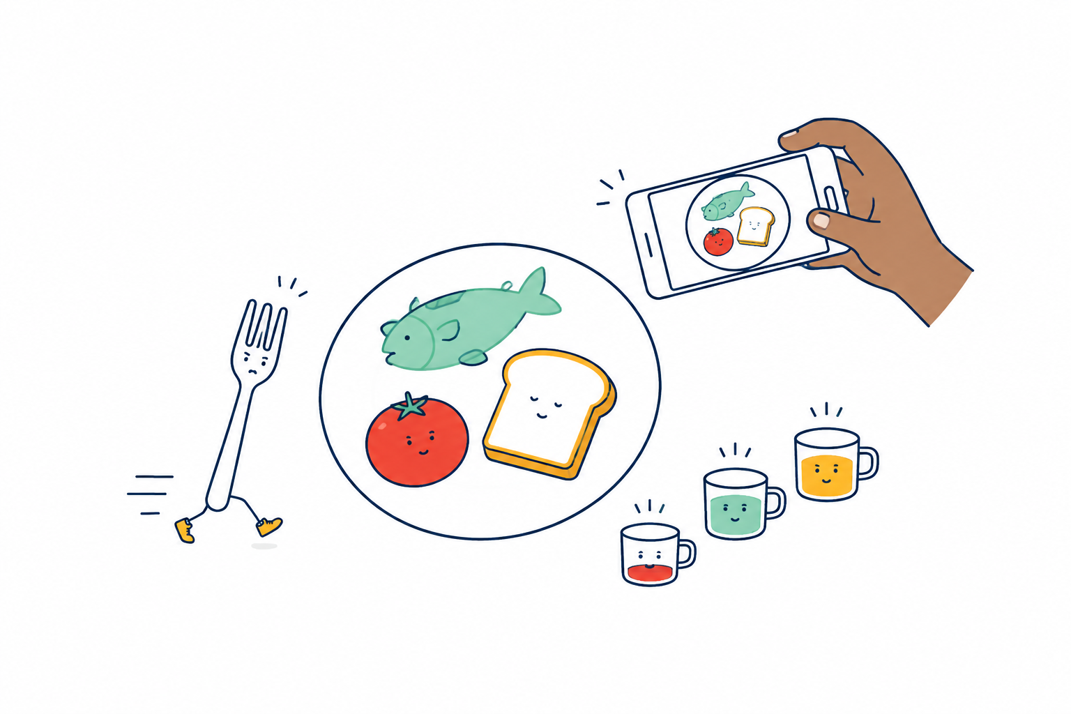 食事の写真から、栄養の目安を色の量として見渡すイラスト。