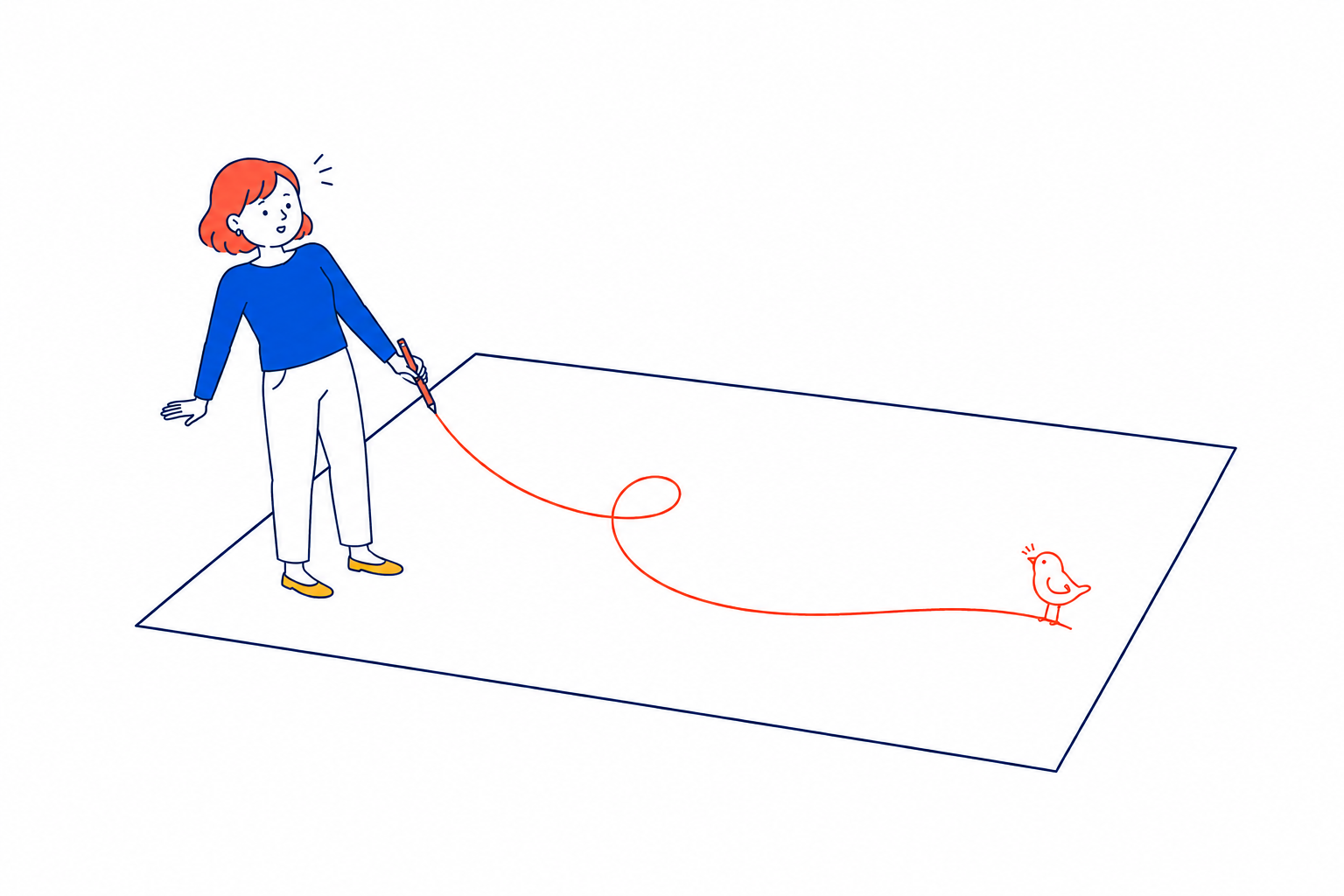 大きな白い紙へ自由な線を描くと、小鳥の形になるイラスト。