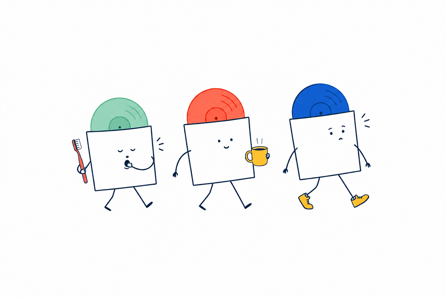 歯みがき、コーヒー、外出のレコードが、それぞれの表情で歩くイラスト。