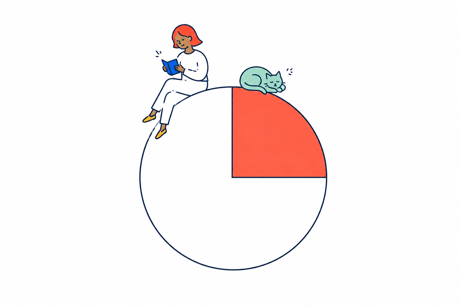 色の面積で残り時間が見える大きなタイマーの縁で、落ち着いて本を読むイラスト。