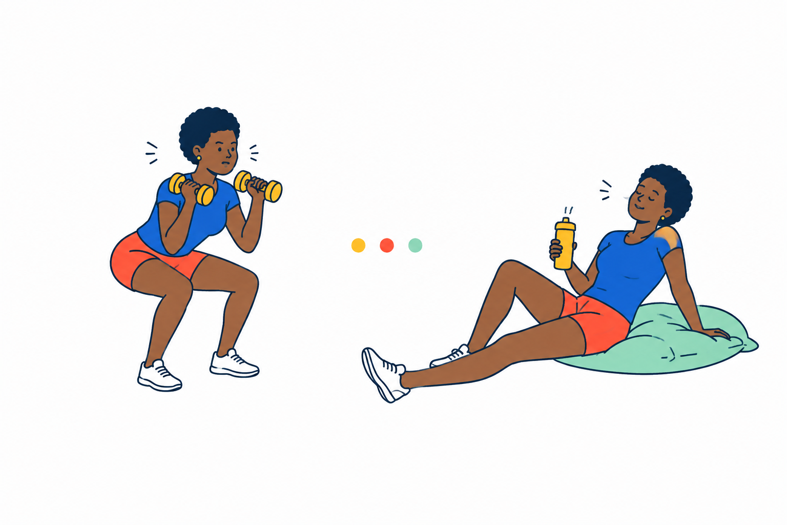 運動と休憩を交互に進める、元気でユーモラスな2場面のイラスト。
