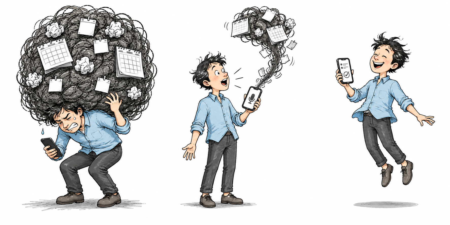 頭の荷物に押しつぶされそうな人が、スマートフォンに思いを話すと、荷物がほどけて体までふわりと浮く、コミカルな3コマのイラスト。